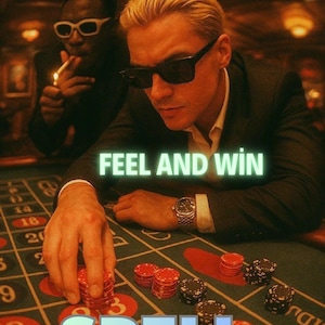 May include: Image of a casino scene with two men. One man is wearing sunglasses and placing chips on a roulette table. Text on the image reads "Games of chance", "FEEL AND WIN", and "SPELL".