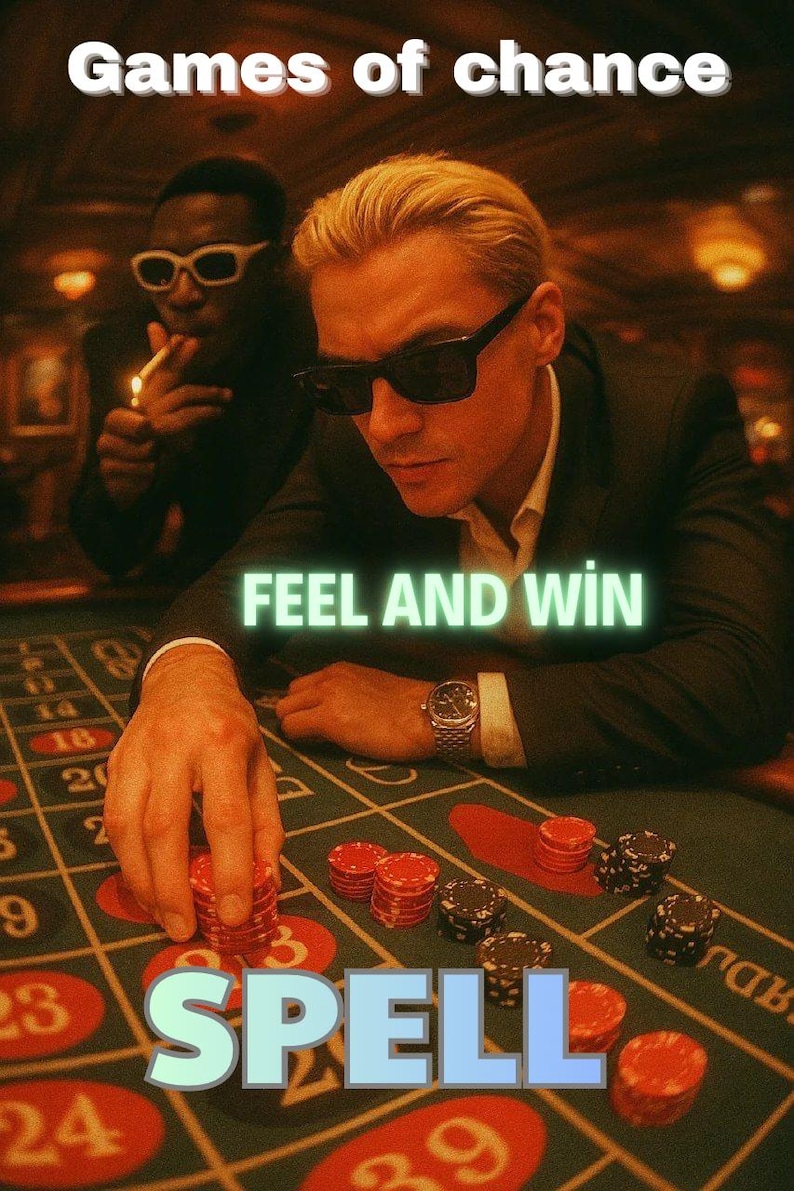May include: Image of a casino scene with two men. One man is wearing sunglasses and placing chips on a roulette table. Text on the image reads "Games of chance", "FEEL AND WIN", and "SPELL".