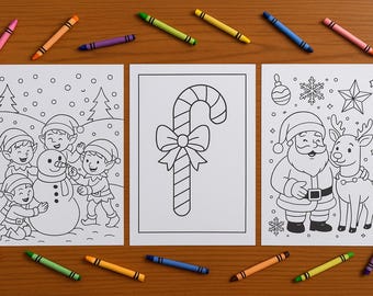 May include: Three Christmas-themed coloring pages with black outlines, featuring elves building a snowman, a candy cane, and Santa with a reindeer. Crayons in various colors surround the pages on a wooden surface.
