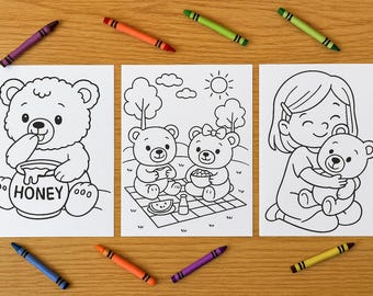 May include: Three coloring pages with bear and girl illustrations, surrounded by colorful crayons. One page shows a bear with a honey pot, another depicts two bears at a picnic, and the last features a girl hugging a bear.