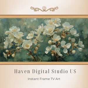 Puede incluir: Pintura al óleo de flores blancas sobre ramas contra un fondo turquesa, enmarcada en madera clara. La obra de arte presenta el texto "Haven Digital Studio US" y "Instant Frame TV Art" en la parte inferior.