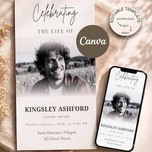 Puede incluir: Una plantilla de programa funerario con un retrato en blanco y negro de una persona sonriente, el texto Celebrating The Life Of Kingsley Ashford, las fechas 13.12.1950-09.01.2026 y los detalles del servicio en Saint Dominic's Chapel, 42 Clavel Street.