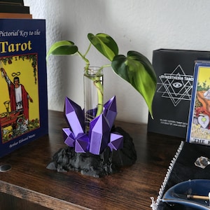 May include: A decorative purple crystal-shaped vase holding a green plant. The vase is set on a black base. The background includes tarot card decks and a wooden surface.