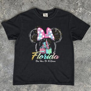 May include: Black t-shirt featuring a colorful graphic of a castle, fireworks, and a polka-dotted bow in the shape of Mickey Mouse ears. The word "Florida" is written in a rainbow font, with the phrase "One Hell Of A Drug" below.