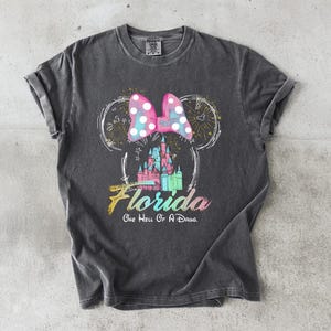 May include: Dark gray t-shirt featuring a Minnie Mouse design with a polka dot bow, fireworks, and a castle. The word "Florida" is written in a colorful font, with the phrase "One Hell Of A Drug" below.
