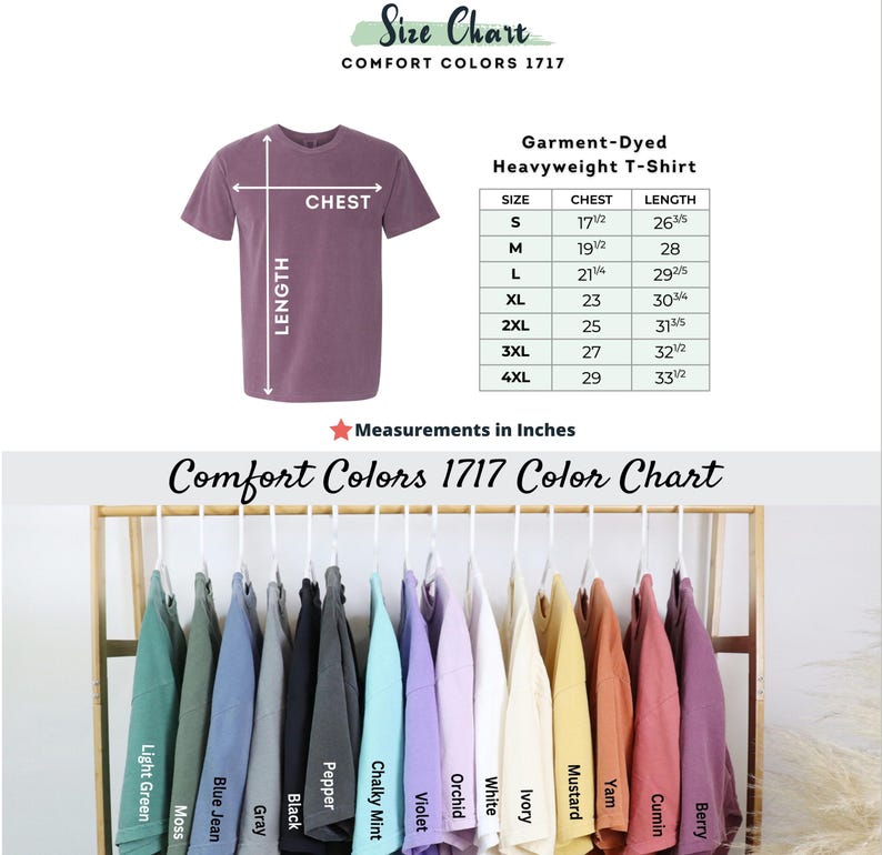 May include: A mauve Comfort Colors 1717 heavyweight t-shirt with a size chart and colour options. The size chart shows chest and length measurements in inches. The colour chart displays various shirt colours, including Light Green, Moss, and Berry.