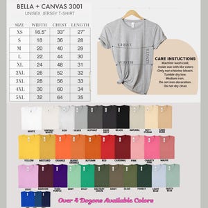 May include: A light grey Bella + Canvas 3001 unisex jersey t-shirt on a hanger. The image includes a size chart with measurements in inches and a colour palette showcasing over 4 dozen available colours.