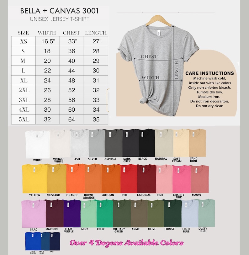May include: A light grey Bella + Canvas 3001 unisex jersey t-shirt on a hanger. The image includes a size chart with measurements in inches and a colour palette showcasing over 4 dozen available colours.