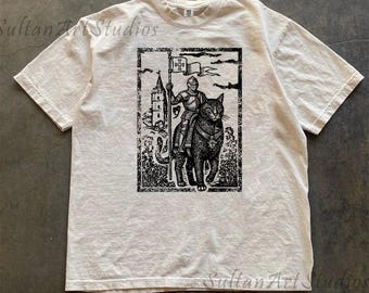 Red Knight Cat Rider Vintage T-shirt, 90s Graphic Tee, Medieval Shirt, Funny Cat