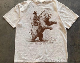 Retro Lumberjack Cowboy Riding A Bear 90s Shirt, Vintage Hiking T-Shirt