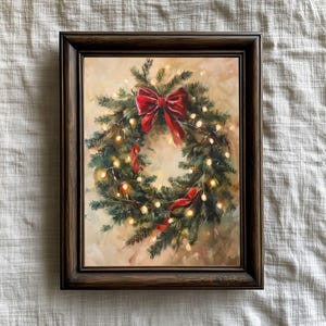 Red Bow Christmas Wreath Print, Winter Greenery Artwork (Digital Download)