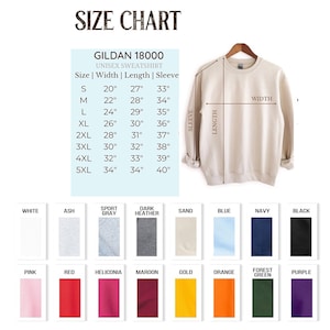 May include: A size chart for a Gildan 18000 unisex sweatshirt, with measurements in inches for sizes S to 5XL. Colour swatches include white, ash, sport grey, dark heather, sand, blue, navy, and black.