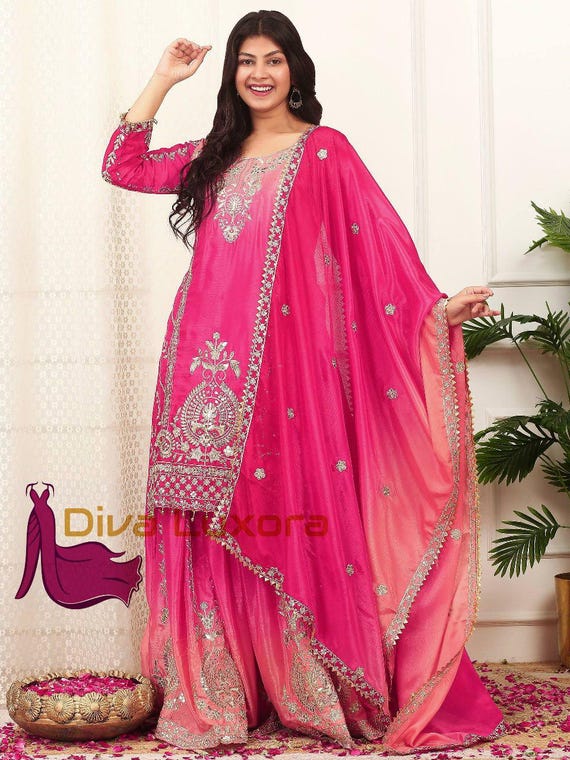Eid Special Hot Pink Embroidered Sharara Suit | Mirror Work Indian Party Wear Dress |