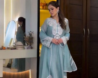 Aqua Chiffon Pakistani Dress | White Embroidery, Eid Outfit