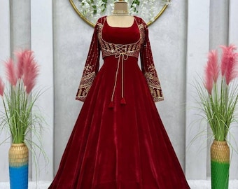 Maroon Velvet Anarkali Gown, Heavy Embroidered Pakistani Wedding Outfit