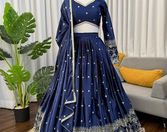 Navy Blue Lehenga Choli Set: Japan Satin, Sangeet Outfit