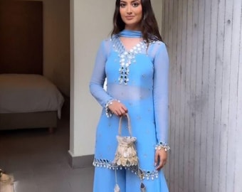 Blue Sharara Suit: Pakistani Wedding Outfit, Mirror & Pearl Detail