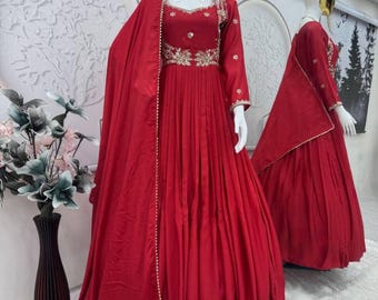 Red Anarkali Dress with Dupatta Wedding Party Wear Outfit  Festive Kurti Set | Bridesmaid Dress
