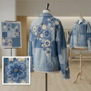 以下が含まれることがあります： ブルーとクリームの色合いで複雑な花の刺繍が施された、ライトブルーのパッチワークデニムジャケット。背面にはカスケード状の花柄があしらわれ、袖と前面にもお揃いの刺繍の花のディテールが施されています。