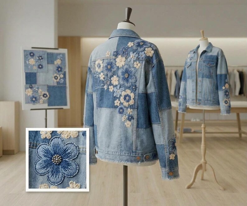 以下が含まれることがあります： ブルーとクリームの色合いで複雑な花の刺繍が施された、ライトブルーのパッチワークデニムジャケット。背面にはカスケード状の花柄があしらわれ、袖と前面にもお揃いの刺繍の花のディテールが施されています。