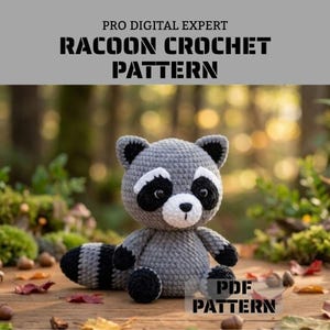 May include: A gray and white crocheted raccoon plush toy with black eye patches, black ears, and a striped tail. The text PRO DIGITAL EXPERT RACOON CROCHET PATTERN and PDF PATTERN are visible at the top and bottom of the image respectively.