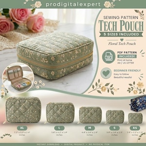 May include: A sewing pattern for a quilted tech pouch in five sizes, ranging from 7.2 x 2.4 inches to 2.8 x 1.0 inches. The sage green pouch features a floral print, a gold zipper, and an interior with elastic organizers.