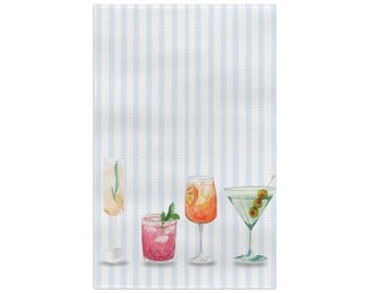 Toalla de cocina con diseño de cóctel de acuarela / Rayas azules costeras, decoración de carrito de bar de verano
