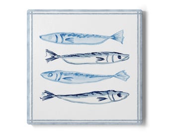Posavasos de cerámica con diseño de sardina en acuarela azul / Posavasos con diseño de peces costeros