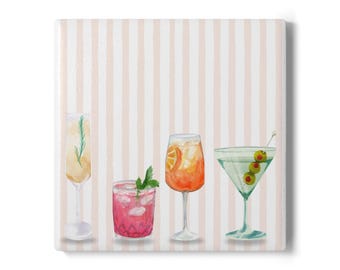 Posavasos de cerámica con diseño de acuarela para cócteles / Decoración de bar con rayas coral pálido