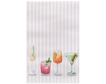Toalla de cocina con diseño de cóctel de acuarela / Decoración para carrito de bar con rayas rosa ruborizado