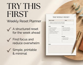 Minimal Weekly Reset Planner, Productivity Routine (Printable PDF)