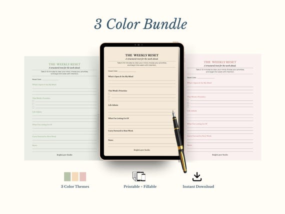 Weekly Reset Planner Bundle | Minimal Productivity PDF (Printable + Fillable)