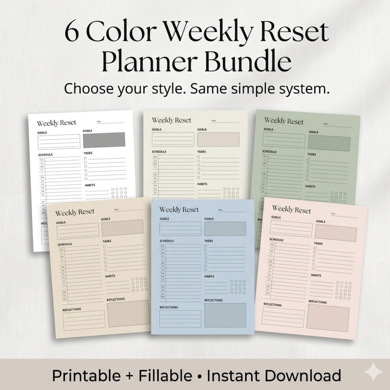 Wekelijkse resetplanner | Minimalistische afdrukbare invulbare pdf-bundel afbeelding 1