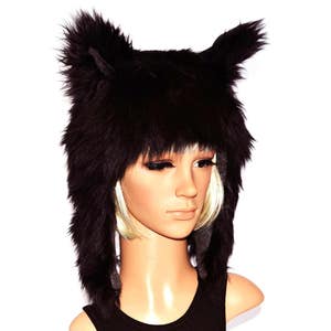 Black Wolf Hat Faux Fur Animal Hat