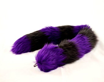 Purple Cat Tail with Black Stripes Faux Fur Kitty Tail