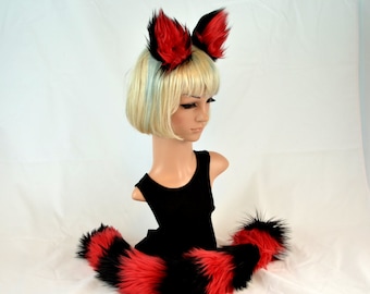 Kitty Cat Ear Tail Clip On Combo in Red and Black Faux Fur