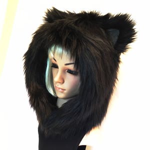 Black Cat Hood Faux Fur Animal Kitty Hat