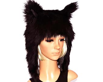 Black Wolf Hat Faux Fur Animal Hat