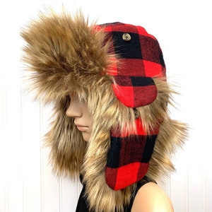 Red Buffalo Check Plaid Trapper Hat with Faux Fur