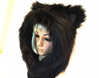 Bonnet chat noir en fausse fourrure avec capuche en forme de chat