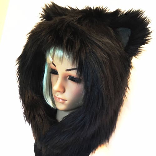 Black Cat Hood Faux Fur Animal Kitty Hat Etsy