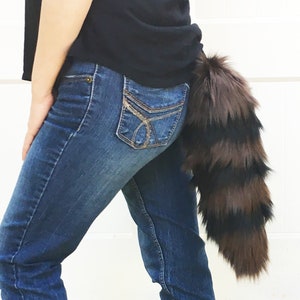 Raccoon Tail Brown with Black stripes Faux Fur with Clasp