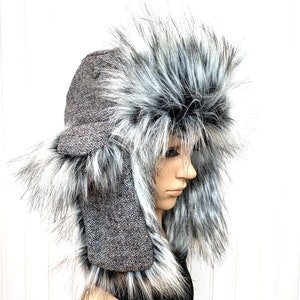 Gray Tweed Trapper Hat with Gray Multi Tonal Faux Fur