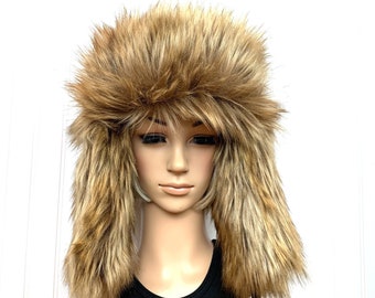 Chapeau de trappeur brun naturel fausse fourrure ushanka bomber