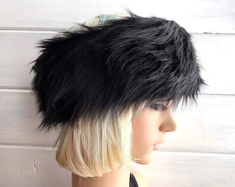 Black Ear Warmer Head Wrap Headband in Faux Fur