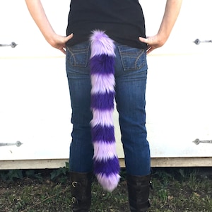 Purple Cat Tail Faux Fur Kitty Tail with Lavender and Dark Purple Stripes