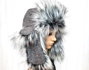 Gray Tweed Trapper Hat with Gray Multi Tonal Faux Fur