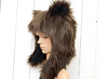 Dark Brown Bear Hat Faux Fur Animal Hat Grizzly