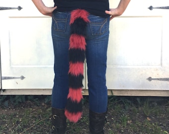 Dark Red Striped Cat Tail Faux Fur Kitty Tail with Black Stripes