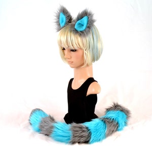 Cheshire Cat Ear Tail Clip On Set in Blue Fleece and Gray Faux Fur